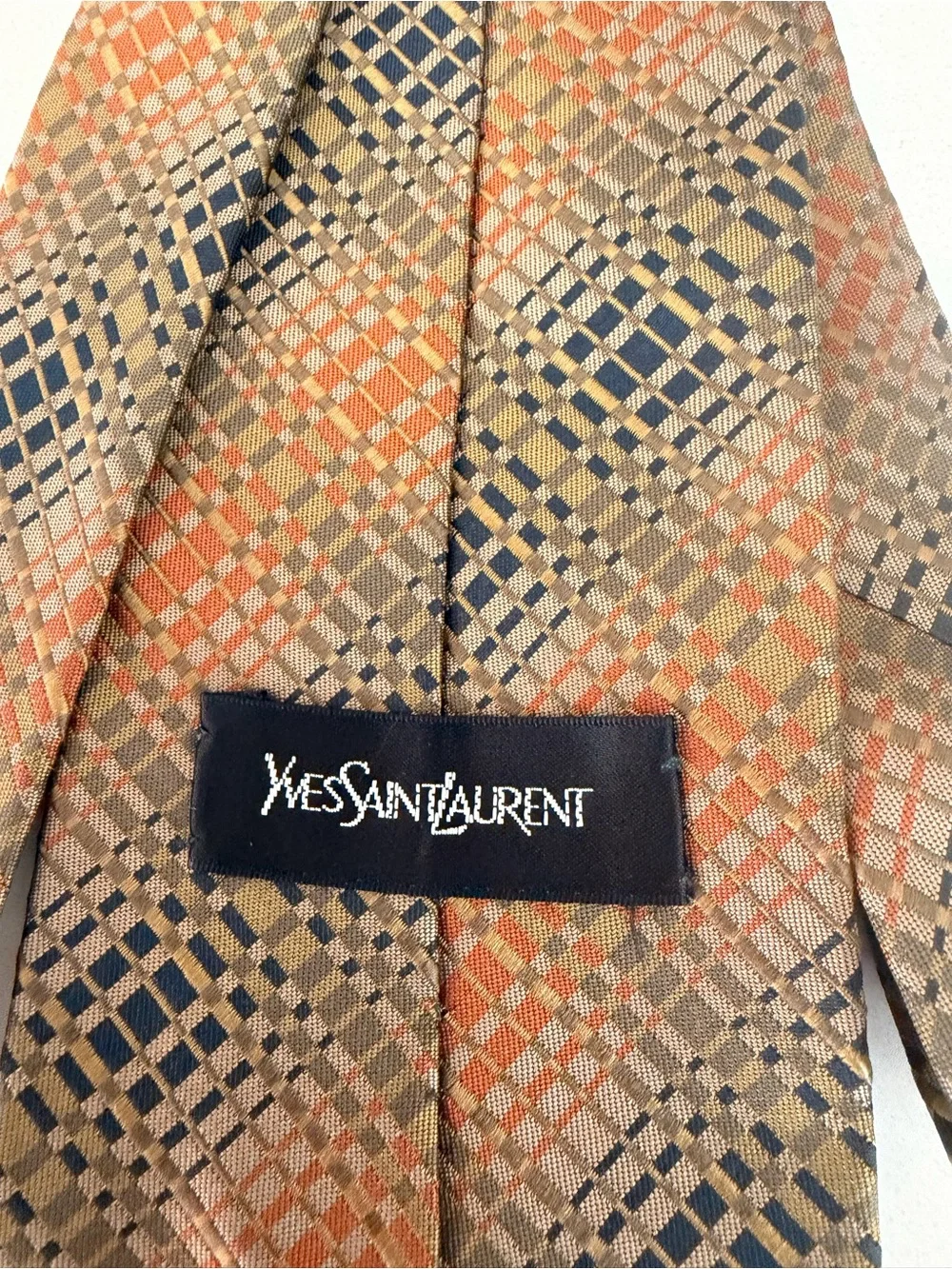 Yves Saint Laurent Brown and Orange Geometric Silk Tie